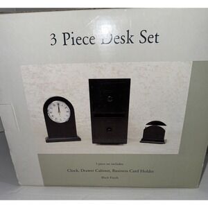3 PC Desk Set—-Clock ,‎ Business Card Holder & 2 Drawer Cabinet NEW Mahogany
